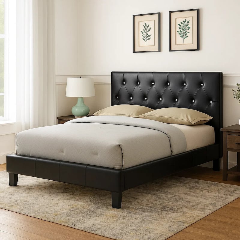 Legy Queen Size Bed, Button Tufted Black Faux Leather Upholstery