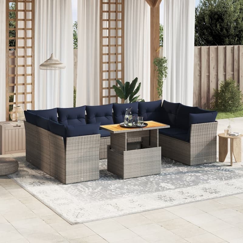 vidaXL Patio Sofa Set with Cushions Outdoor Furniture 10 Piece Poly Rattan - 24.4" x 24.4" x 27.2" - Gray and navy blue - form3