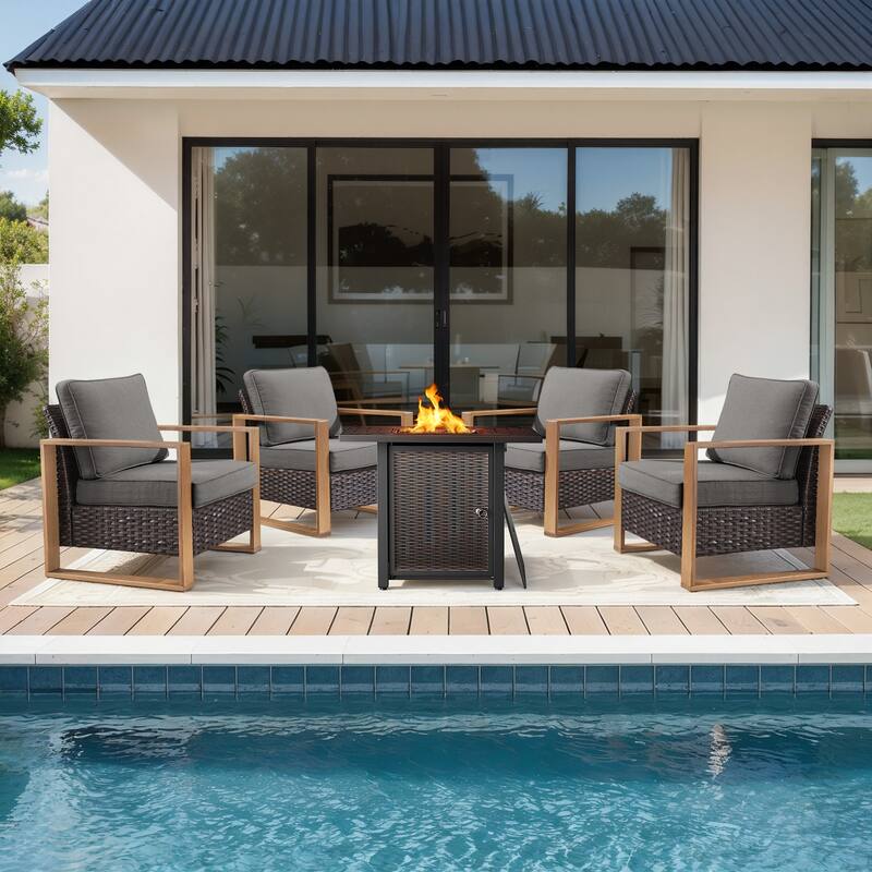 Meyreso 5-Piece Wicker Patio Conversation Set with Metal Fire Pit & Plush 4.5" Olefin Cushions
