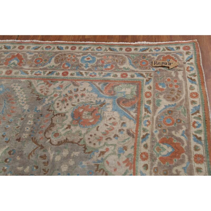 Floral Gray Tabriz Persian Antique Area Rug Handmade Wool Carpet - 8'2"x 11'1"