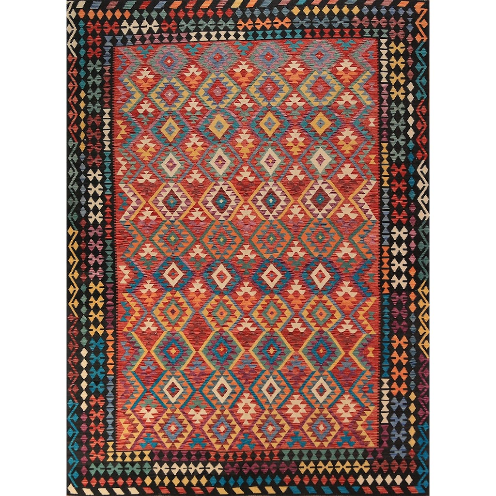 Geometric Kilim Area Rug Hand-Woven Oriental Wool Carpet - 8'5"x 11'4"