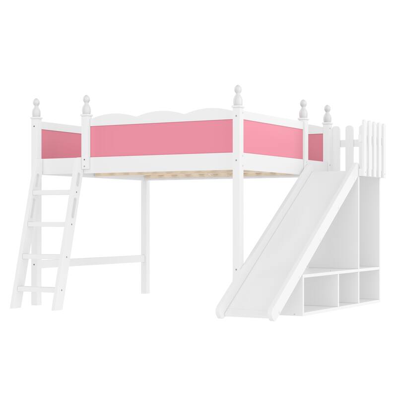 Queen Loft Bed with Storage Shelves and Cabinet, Solid Wood Loft Beds with Detachable Slide and Ladders, No Spring Box Needed