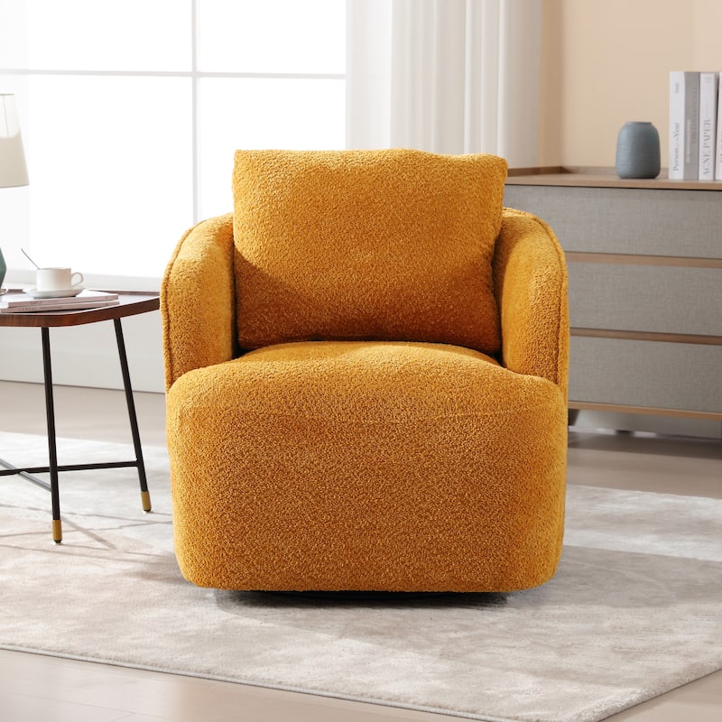 Boucle Fabric Upholstered Swivel Barrel Armchair With Pillow