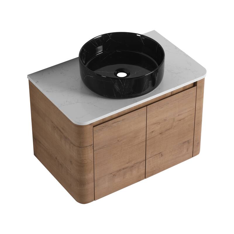 30'' Wall-Mounted Bathroom Vanity With Ceramic Art Sink & 2-Soft-Close Door, KD-Packing, Plywood