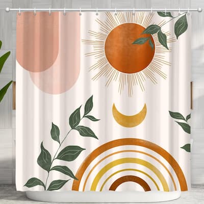 Mid Century Abstract Boho Orange Aesthetic Shower Curtain Set Nature