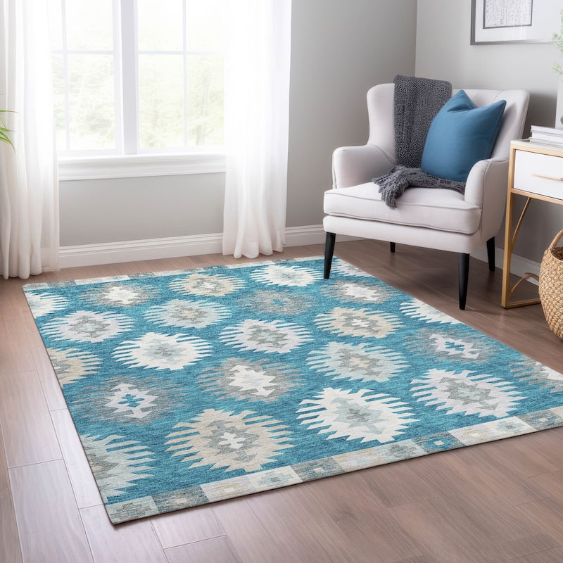 Machine Washable Indoor/ Outdoor Boho Tribal Chantille Rug
