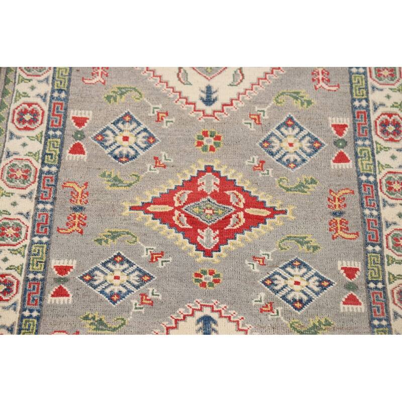 Gray Geometric Kazak Foyer Rug Hand-Knotted Oriental Wool Carpet - 2'8" x 4'1"