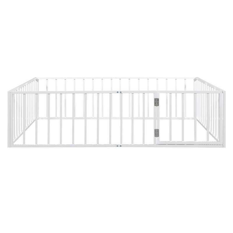 Toddler Floor Bed Metal Frame Bed with Safety Fence & Door, Kids
