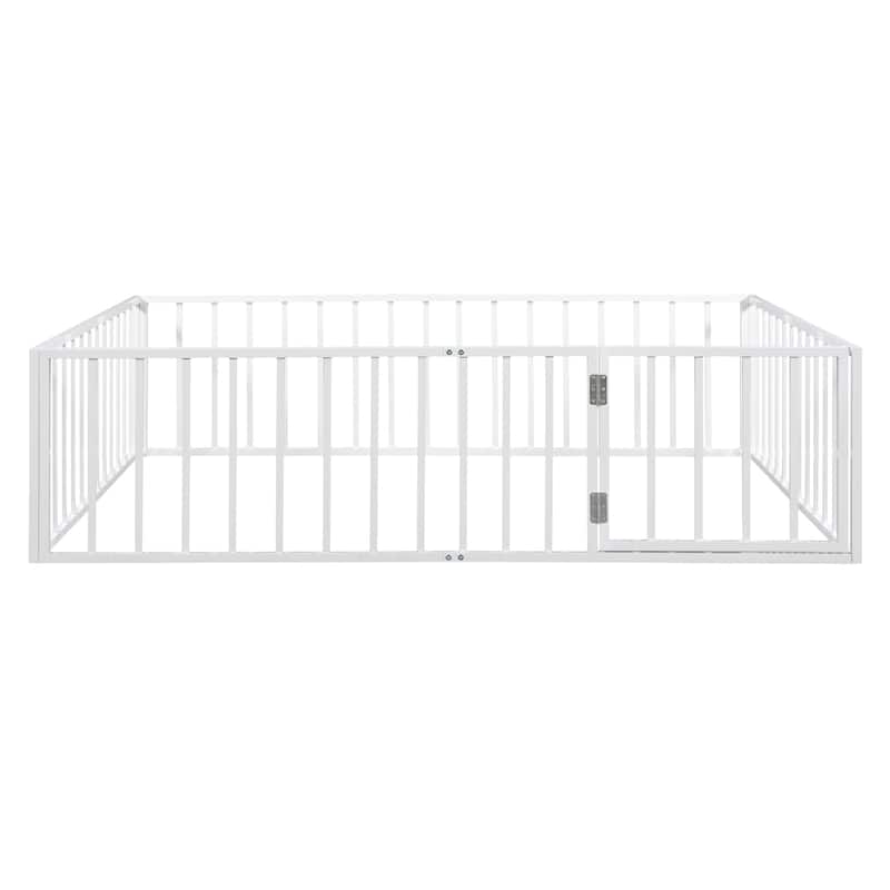 White Queen Size Metal Floor Bed Frame with Fence and Door for Kids
