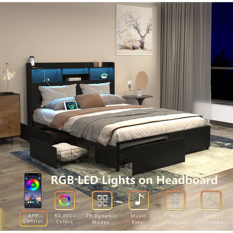 Full Storage Bed Frame with 6 Drawers, Headboard, USB Charging, and LED Lights