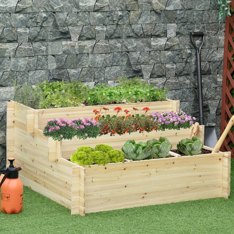 Outsunny 3 Tier Raised Garden Bed Elevated Planter Flower Box with 9 Grow Grids and Non-woven Fabric - Natural Wood - Wood