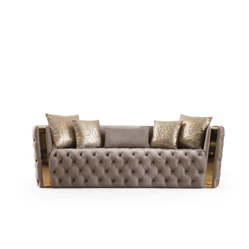 Velvet Sofa & Loveseat with 5 Pillows - Taupe