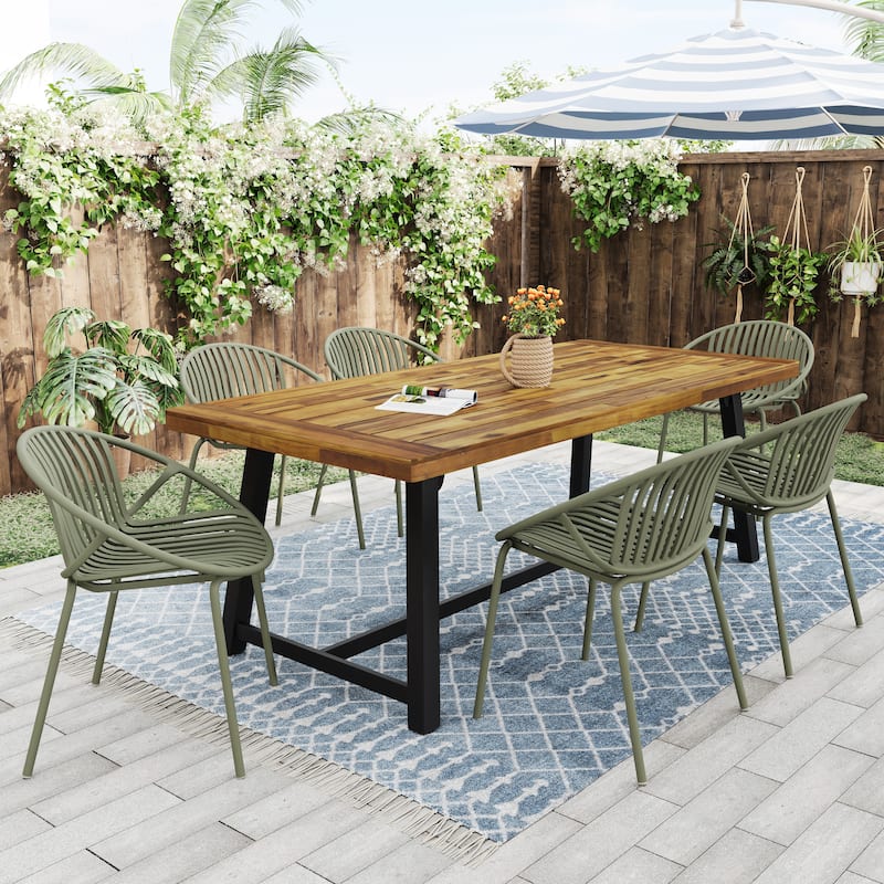 Christopher Knight Home - Aricella Outdoor Acacia Wood Table and Plastic Chairs 7 Piece Dining Set - Green+Black+Teak