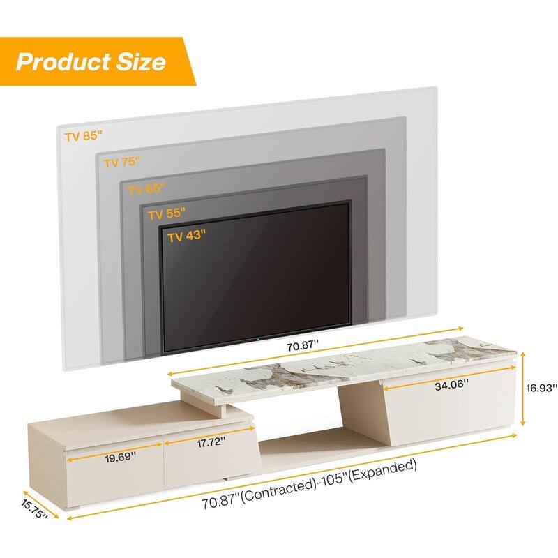 70.9" W - 105" W Extendable TV Stand, Extra Long Modern Entertainment Center with 3 Drawers