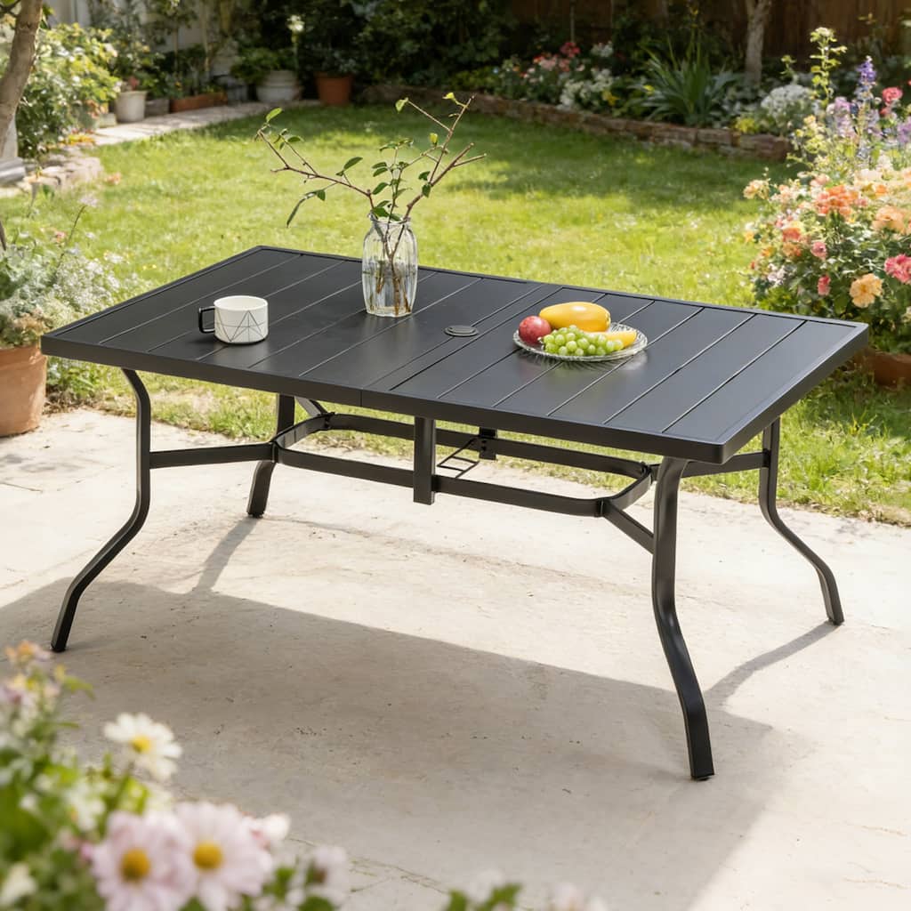 Outdoor Dining Table for 6, Powder-Coated Steel Slat Top with 2.16" Umbrella Hole, Anti-Slip Pads, E-Coating Frame, All-Weather