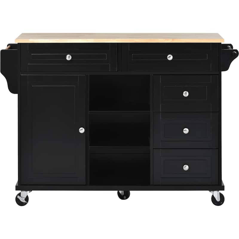Kitchen Island with on Locking Wheels, Rolling Cart with Rubber Wood Desktop, Mobile Island with 3 Open Shelves & 5 Drawers