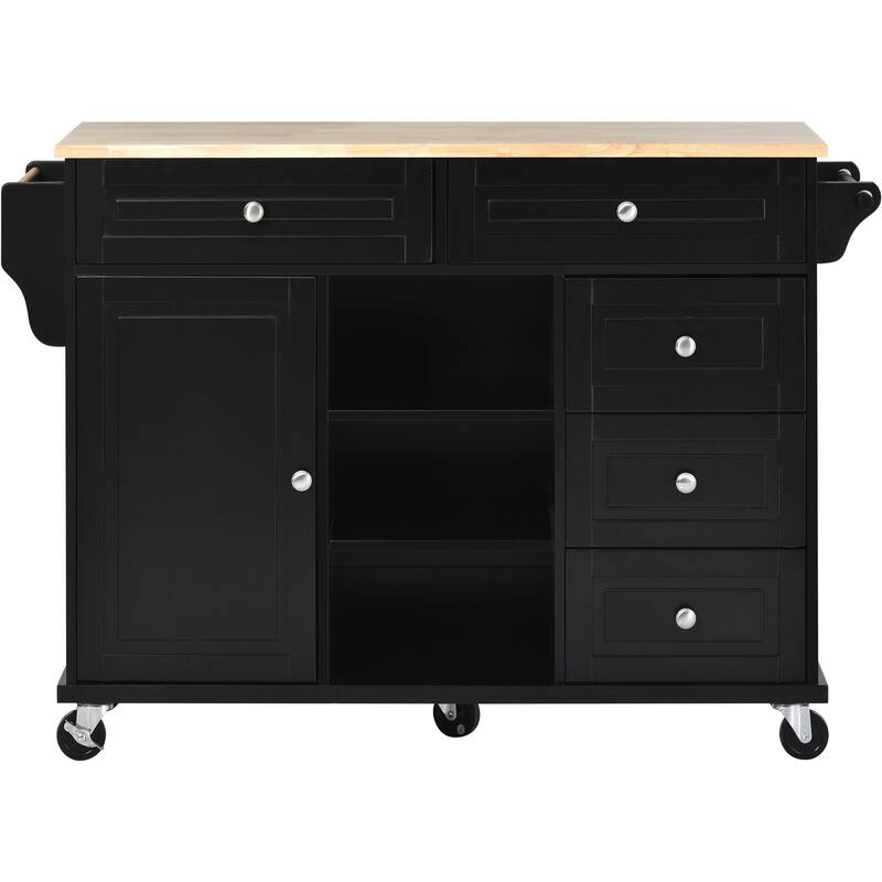 Rolling Kitchen Island Cart with Rubber Wood Top, 5 Drawers, Storage Cabinet & Adjustable Shelves - 53" Black
