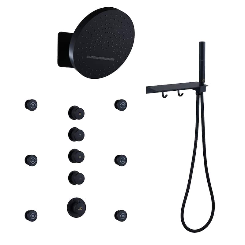 CASAINC Thermostatic 4 Functions 12 inch Rainfall Showerhead with Handheld Spray & 6 Body Jets Set Rain Shower System