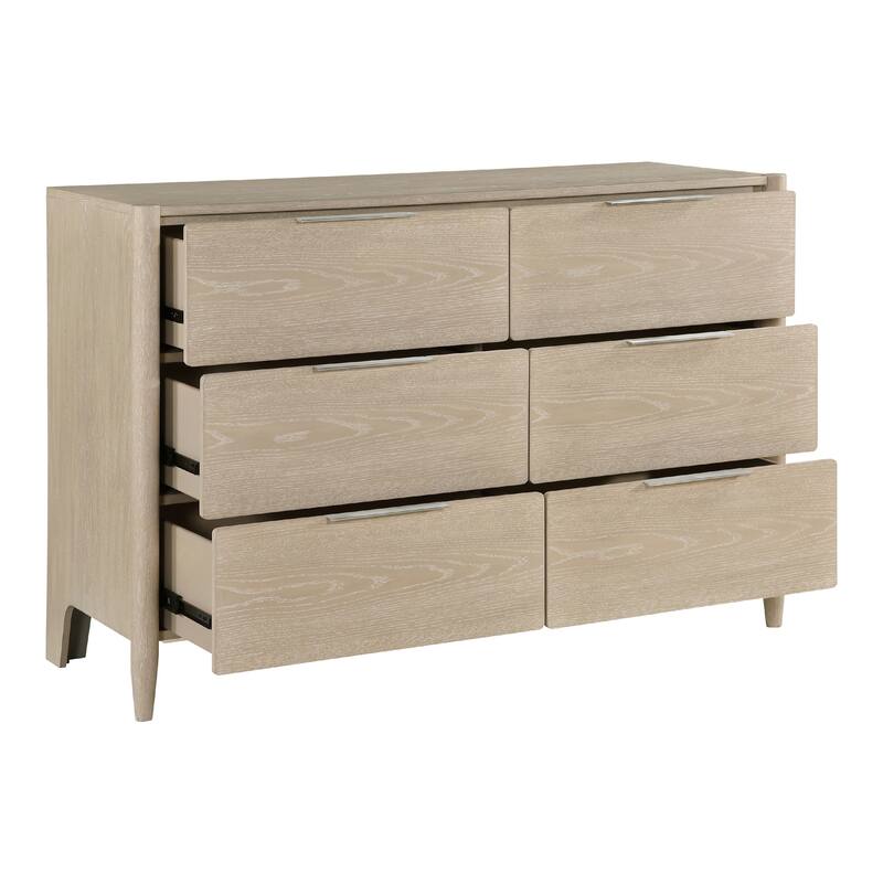Maty Dresser, 58 Inch, 6 Drawers, Light Oak Brown Ceruse, Nickel Pulls