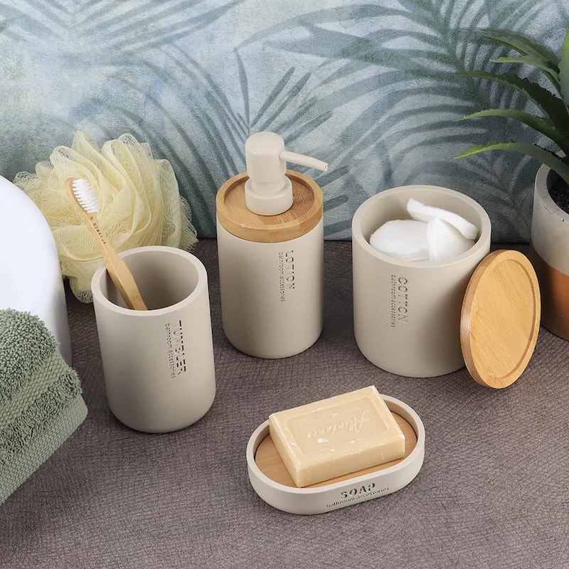 Elegant Soap Dispenser - Polyresin and Bamboo Design, Refillable Liquid Pump - 3 L x 3 W X 7 h