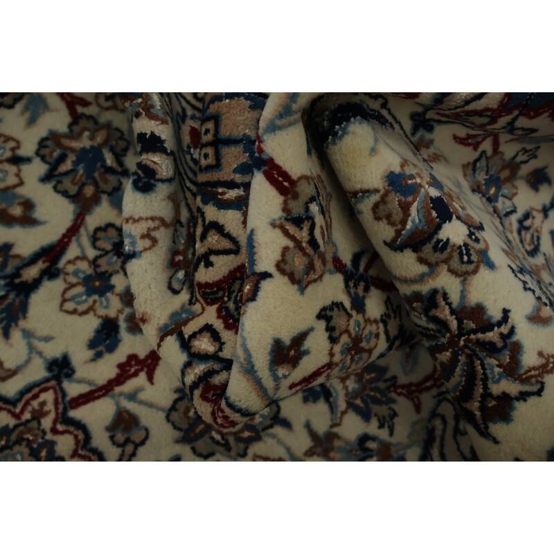 Hand Knotted Oriental Wool & Silk Carpet Traditional Floral Beige & Ivories Nain Area Rug - 8' 5'' X 5' 6''
