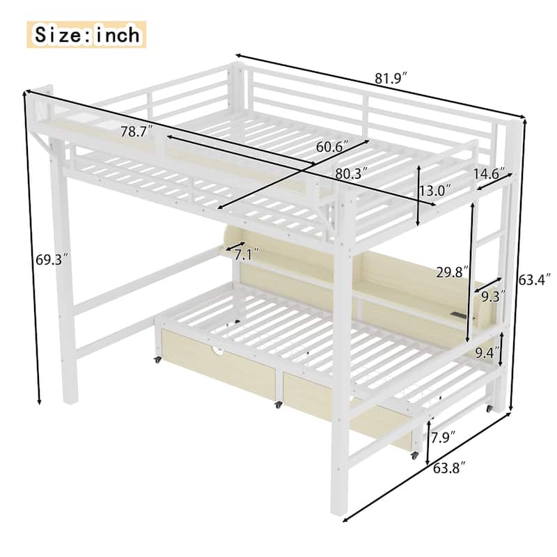 Queen over Queen Bunk Bed Frame with USB Ports, LED Lights, Storage Shelves and Drawers, Lower Bed Converted into Sofa