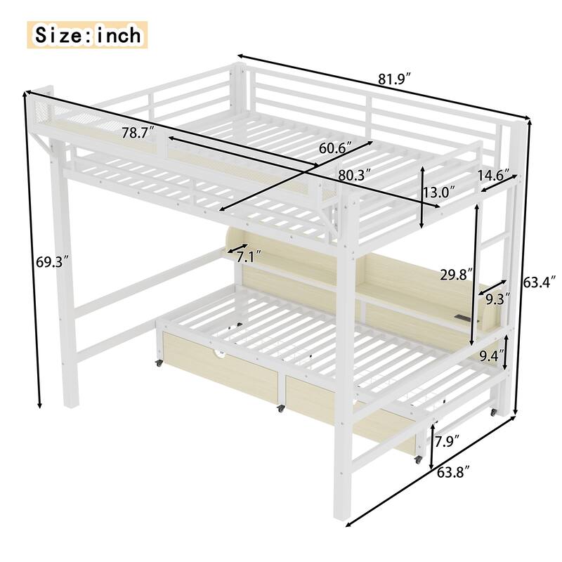 Queen over Queen/Twin XL over Twin XL Metal Bunk Bed with Storage Shelves, Drawers, USB Ports & LED Lights