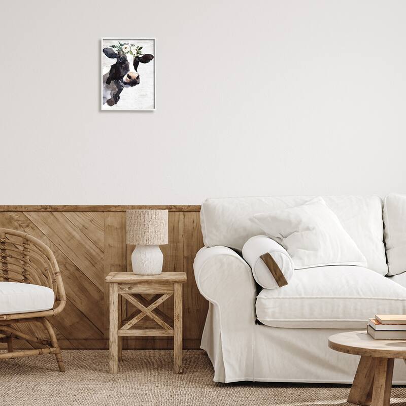 Stupell Dairy Farm Cow Boho Floral Crown Charming Animal Framed Wall Art