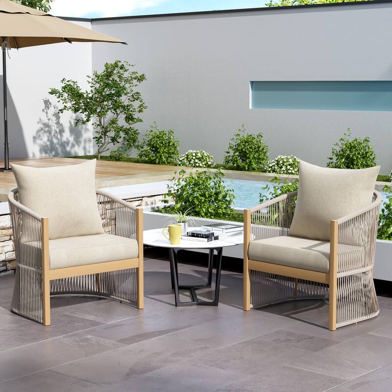 [Set of 2] Modern Curved Aluminum Lounge Chair with Stylish Rope-Weave Design and Cushioned Comfort, Perfect for Outdoor Living - Beige+Natural