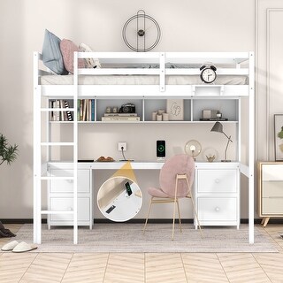 Full Size White Loft Bed with Desk, Storage, and Charging Station