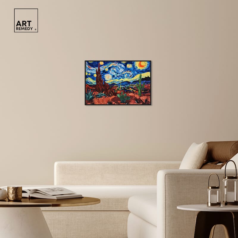 Art Remedy Desert Night Stars Framed Impressionism 1 Piece Canvas Wall Art /Monet And Van Gogh Inspired Art