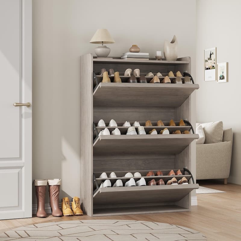Drawer Wooden Shoe Cabinet with Adjustable Shelves - Gray - 3 Drawer