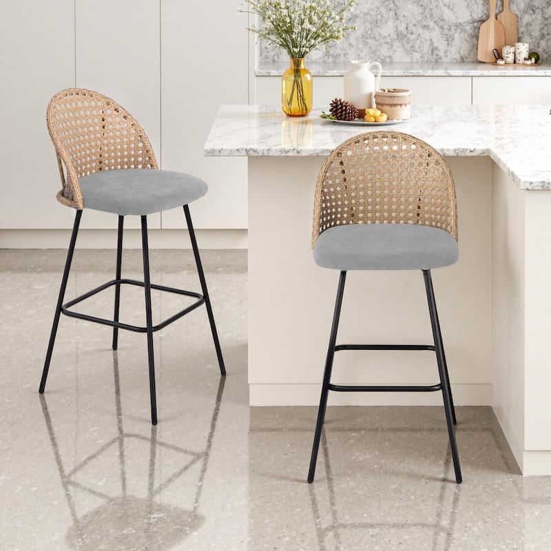 2 Set Rattan 27" Upholstered Chenille Full Back Counter Stool - Light Grey