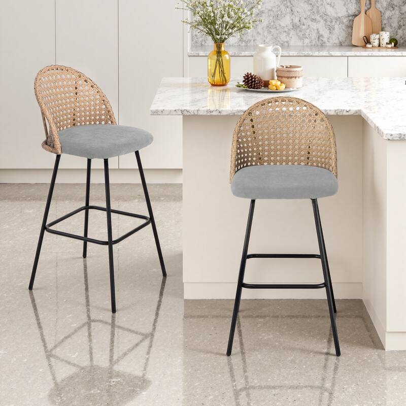Coastal Rattan Back Counter Height Upholstered Bar Stools - Light Grey - Set of 2