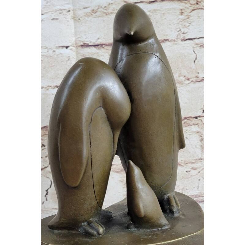 Penguin Family On Heart Shaped Marble Base Bronze Statue Figure Sculpture 8 Inches X 6 Inches