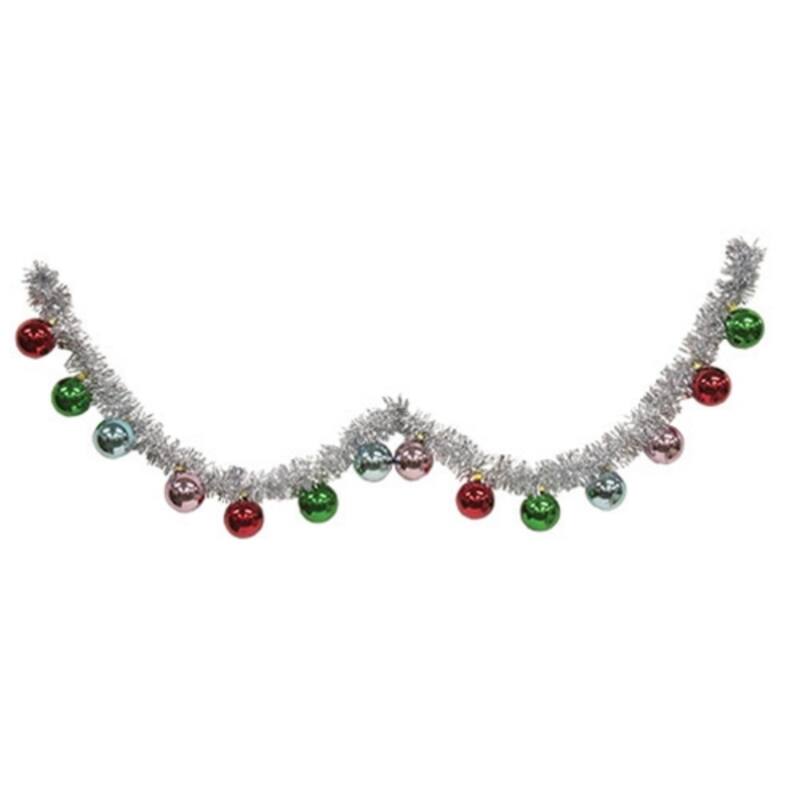 Platinum Glitter Christmas Garland with Red Green Blue Pink Baubles 2" for Holiday Decor - 4-Feet