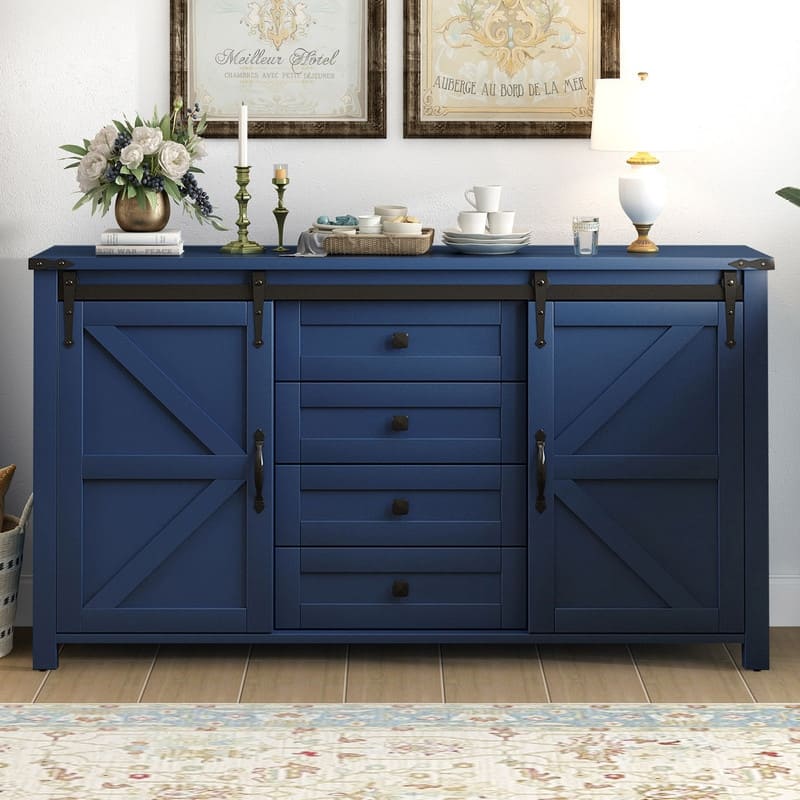 Farmhouse 55.1" Sideboard with Sliding Barn Doors and Storage Drawers, Wood Buffet Table with Power Outlet