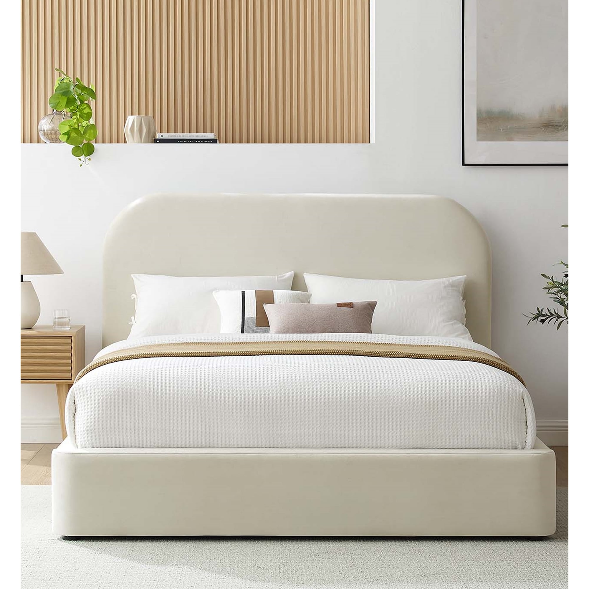 Hillsway Modern Curved Headboard Off white Velvet Upholstered Full Size Platform Bed