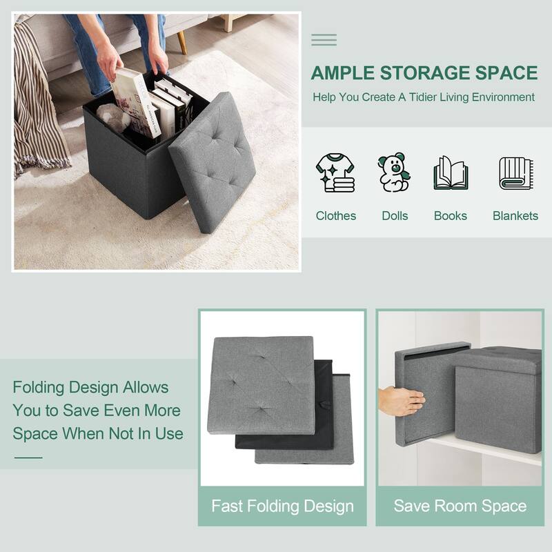 Javlergo 15" Foldable Storage Ottoman, Tufted Linen Foot Rest Stool/Seat Toy Chest