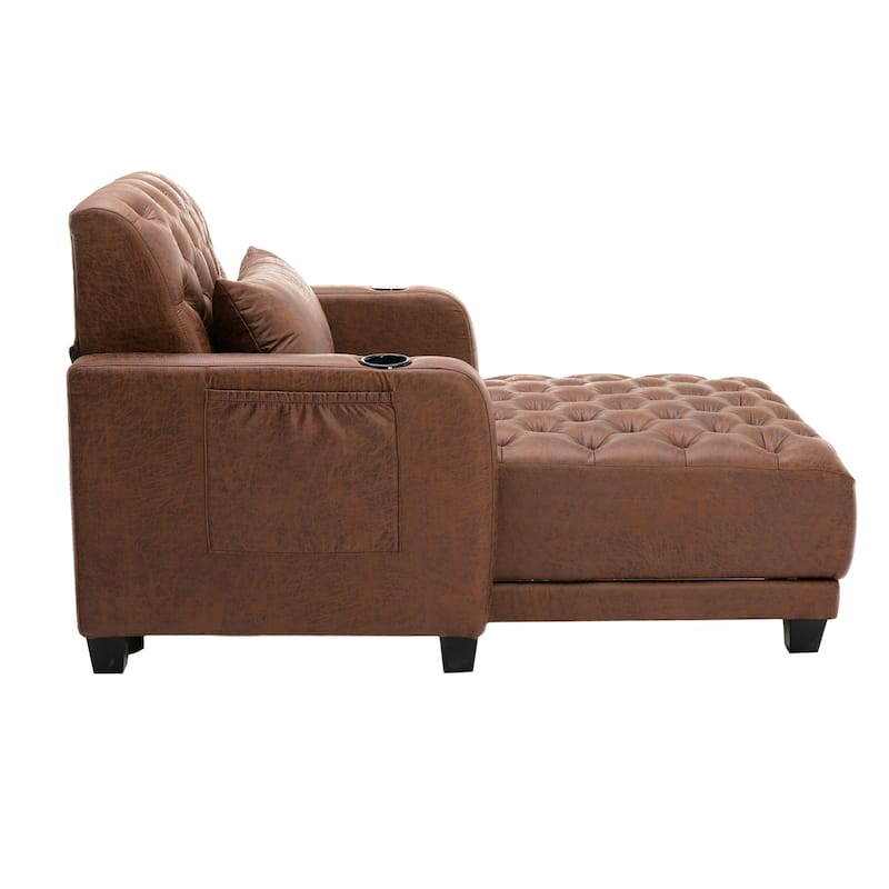 Linen Upholstered Multifunctional Tufted Wireless Charging Leisure Sleeper Armchair with 2 Cup Holders