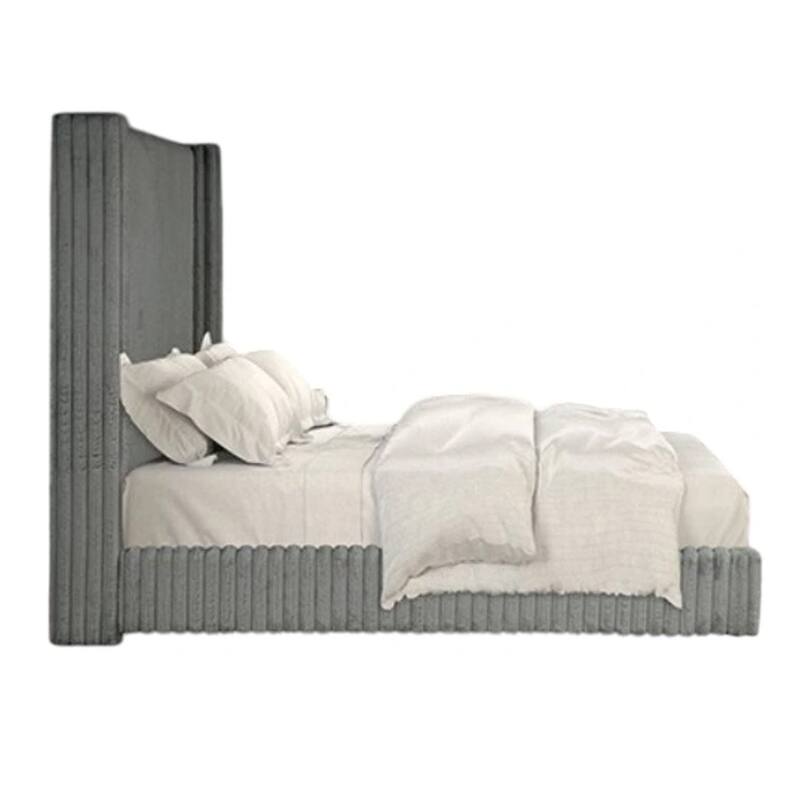 Wolo King Bed, Gray Fur Chenille Ribbed Upholstery, Wing Headboard