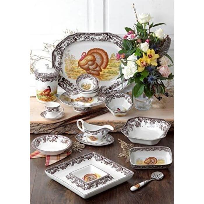 Spode Woodland Cranberry Dish with Slotted Spoon