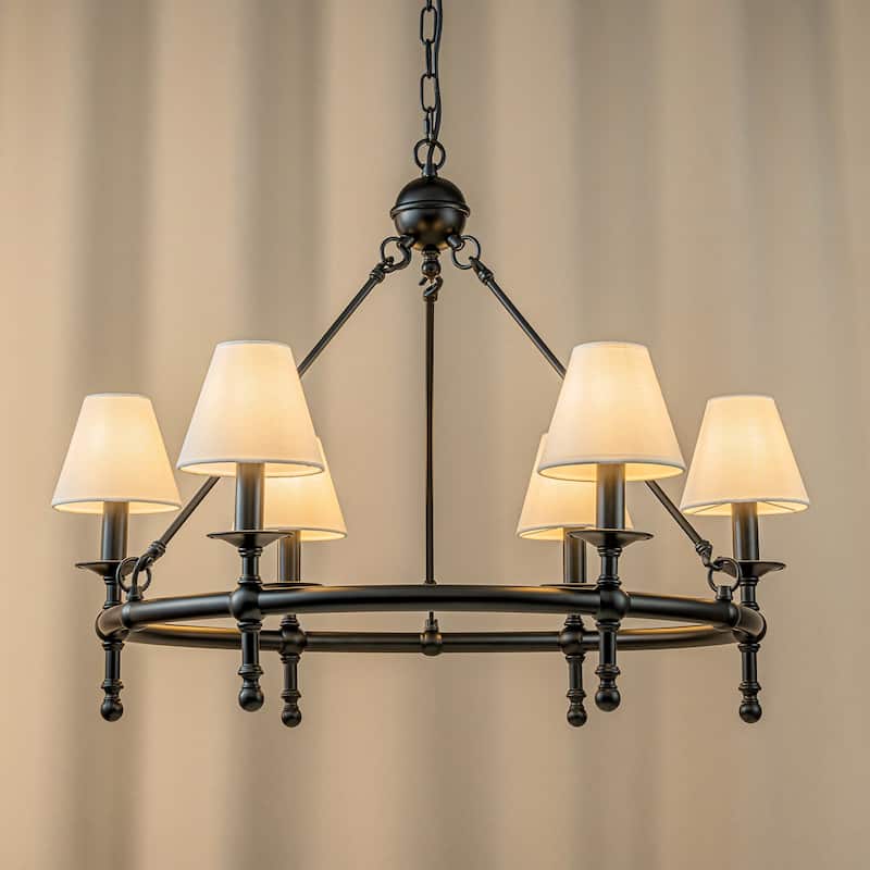 Vintage Chandelier 6-Light Classic Pendant Fixture with White Shades for Elegant Interior Lighting - W33.5'' - Matte Black