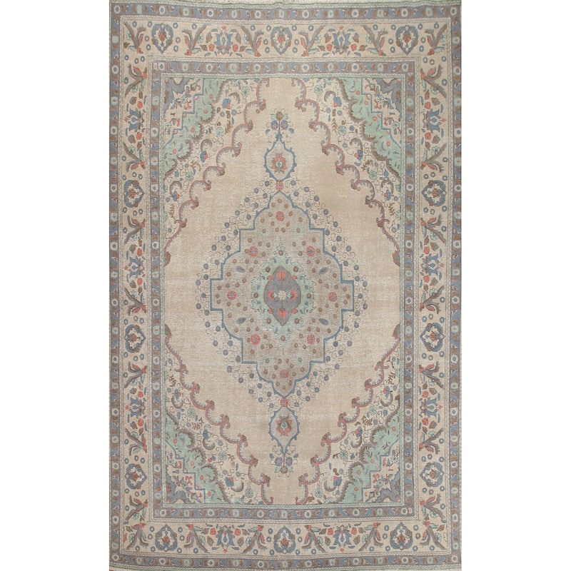 Hand Knotted Oriental 100% Wool Carpet Traditional Medallion Beige & Ivories Tabriz Area Rug - 12' 10'' X 9' 6''