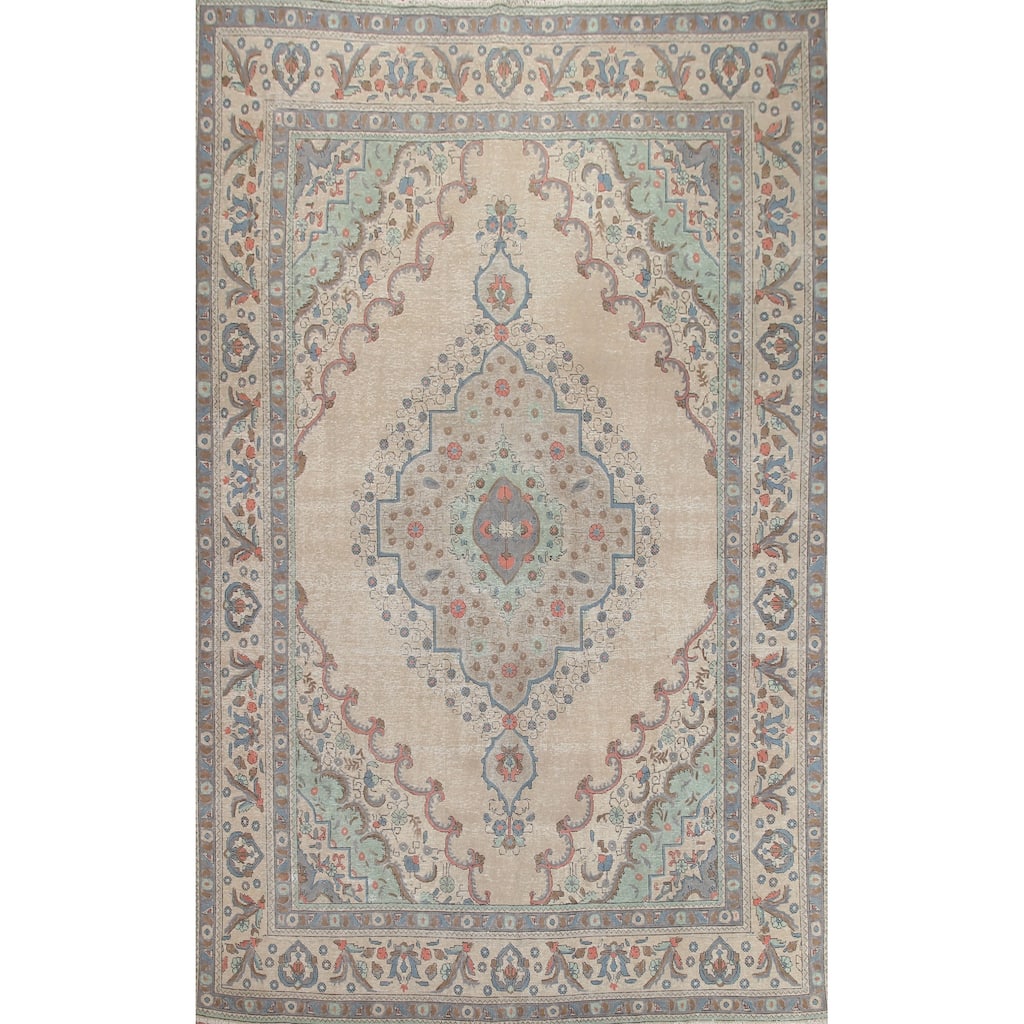 Hand Knotted Oriental 100% Wool Carpet Traditional Medallion Beige & Ivories Tabriz Area Rug - 12' 10'' X 9' 6''