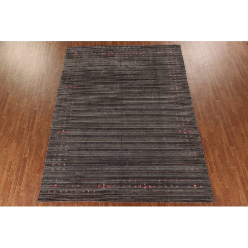 Striped Gabbeh Area Rug Hand-Knotted Indian Wool Carpet - 8'9"x 11'8"