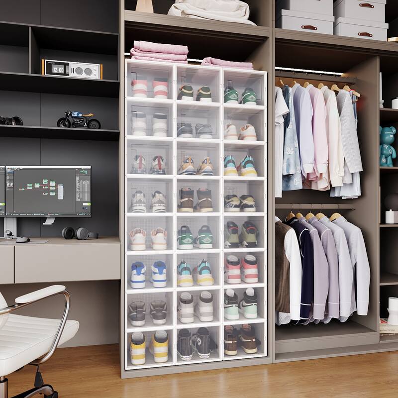 24 Pack Shoe Storage Box, Plastic Foldable Shoe Box, Stackable Clear