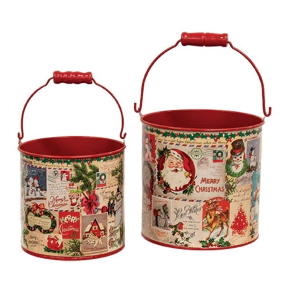 2/Set Vintage Christmas Postcard Buckets with Handles