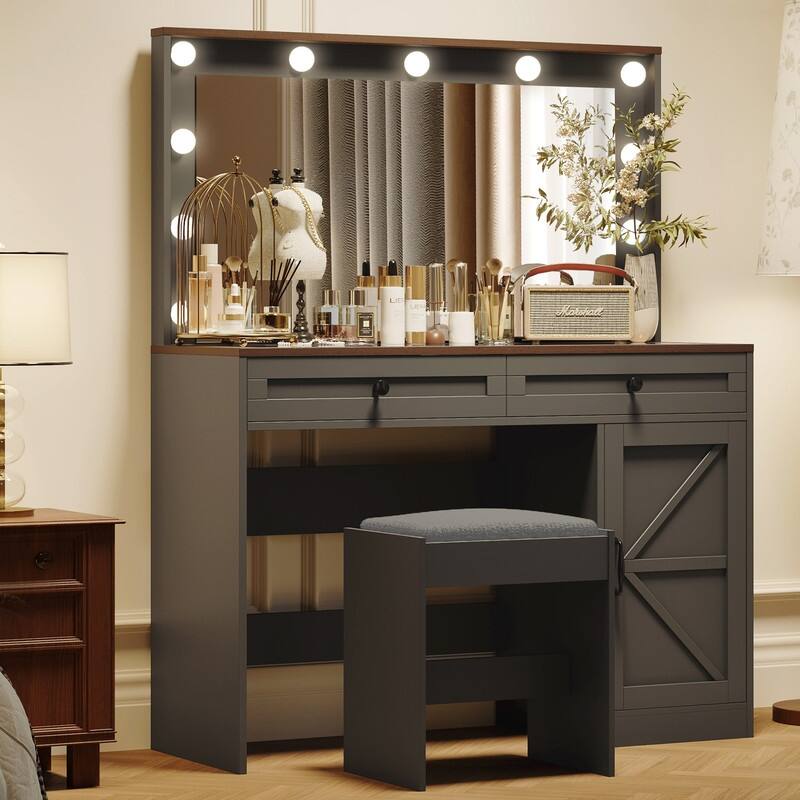 43.4" Modern LED Makeup Vanity Desk with Adjustable Lights, 3 Drawers & Stool - Black