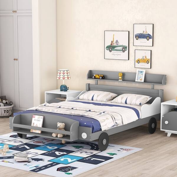 slide 2 of 36, Car-Shaped Platform Bed Pine Wood Platform Bed with Headboard and Footboard Storage Shelves for Girls, Boys Bedroom Full - Gray